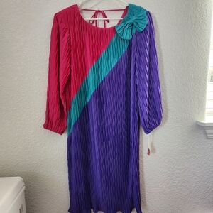 Vintage 80s Gilberti Pink Turquoise and Purple Long Sleeve Party Dress with Tag